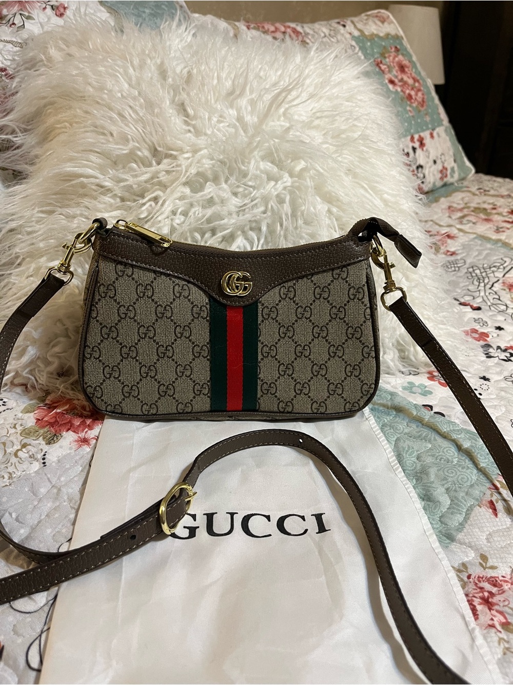 Source Unknown Brown GG Monogram Crossbody with Green-Red Stripe